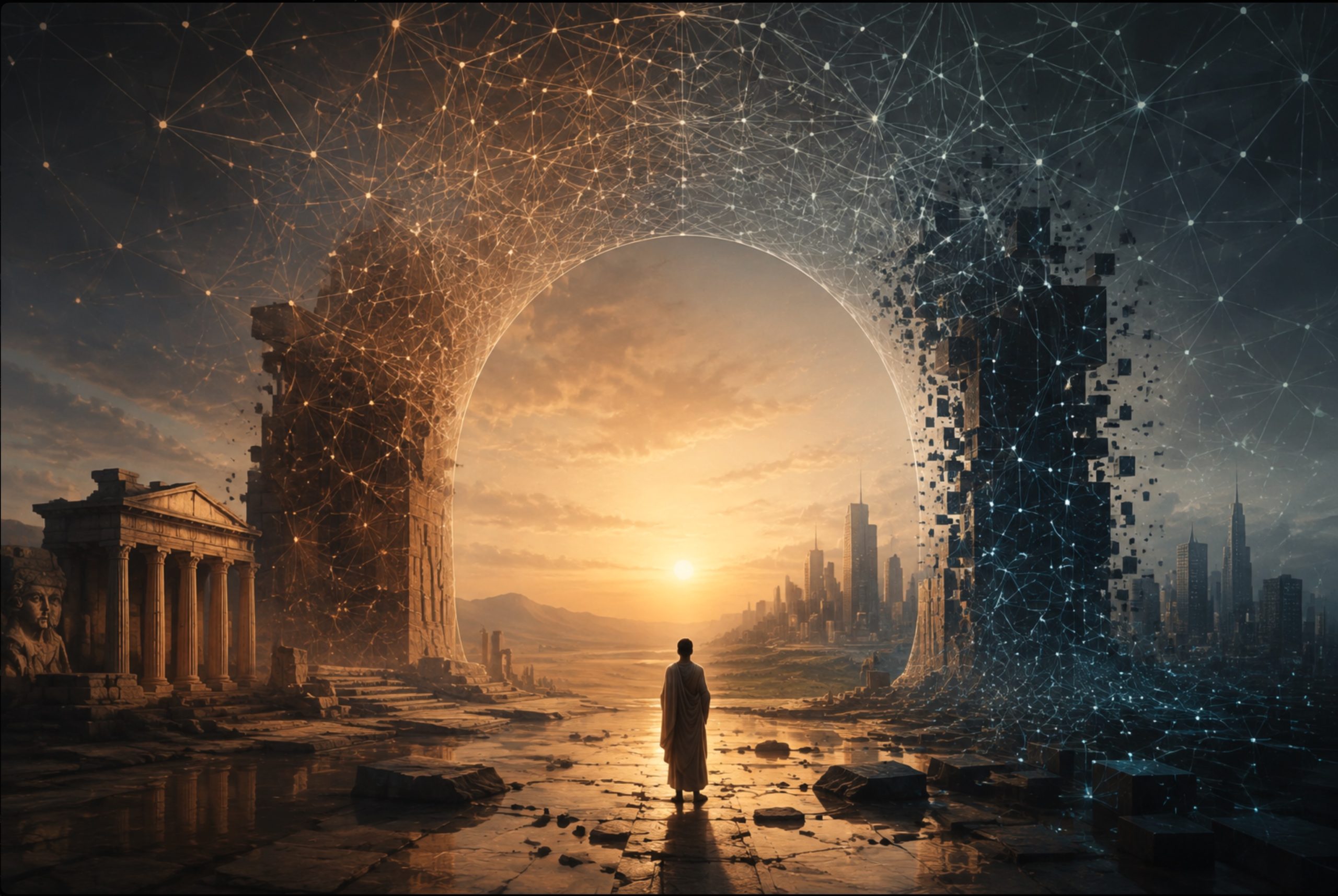 An arch dissolving into data between an ancient temple and a modern city.