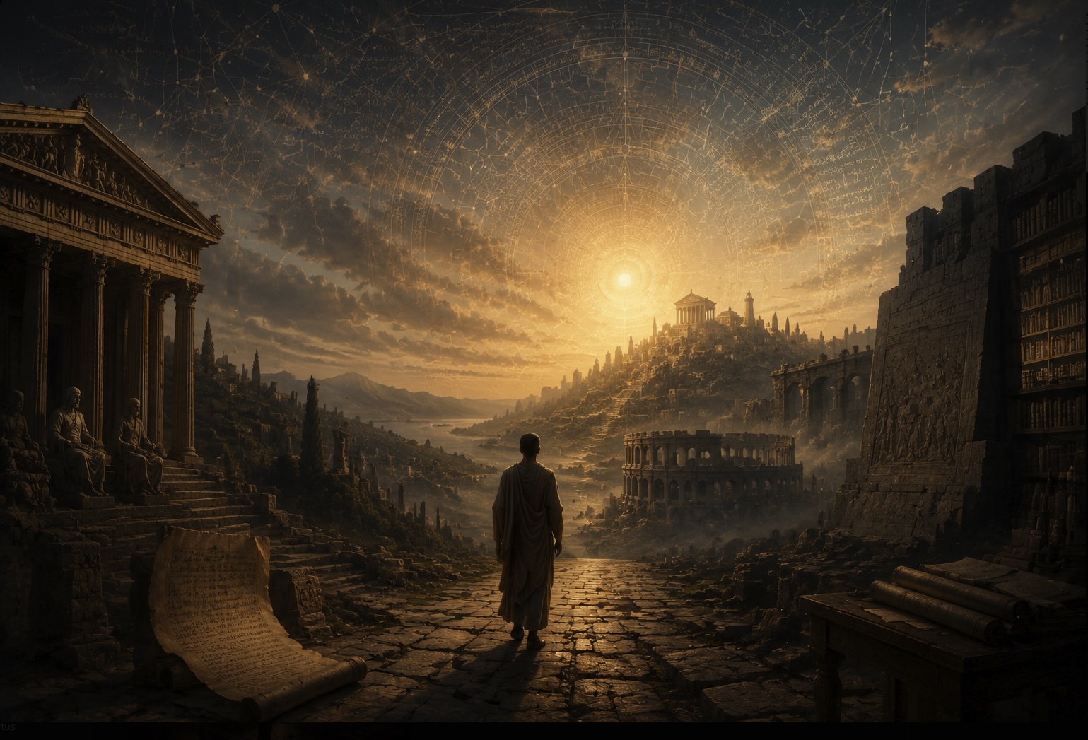 A temple, a scroll and a figure walking toward the sun.