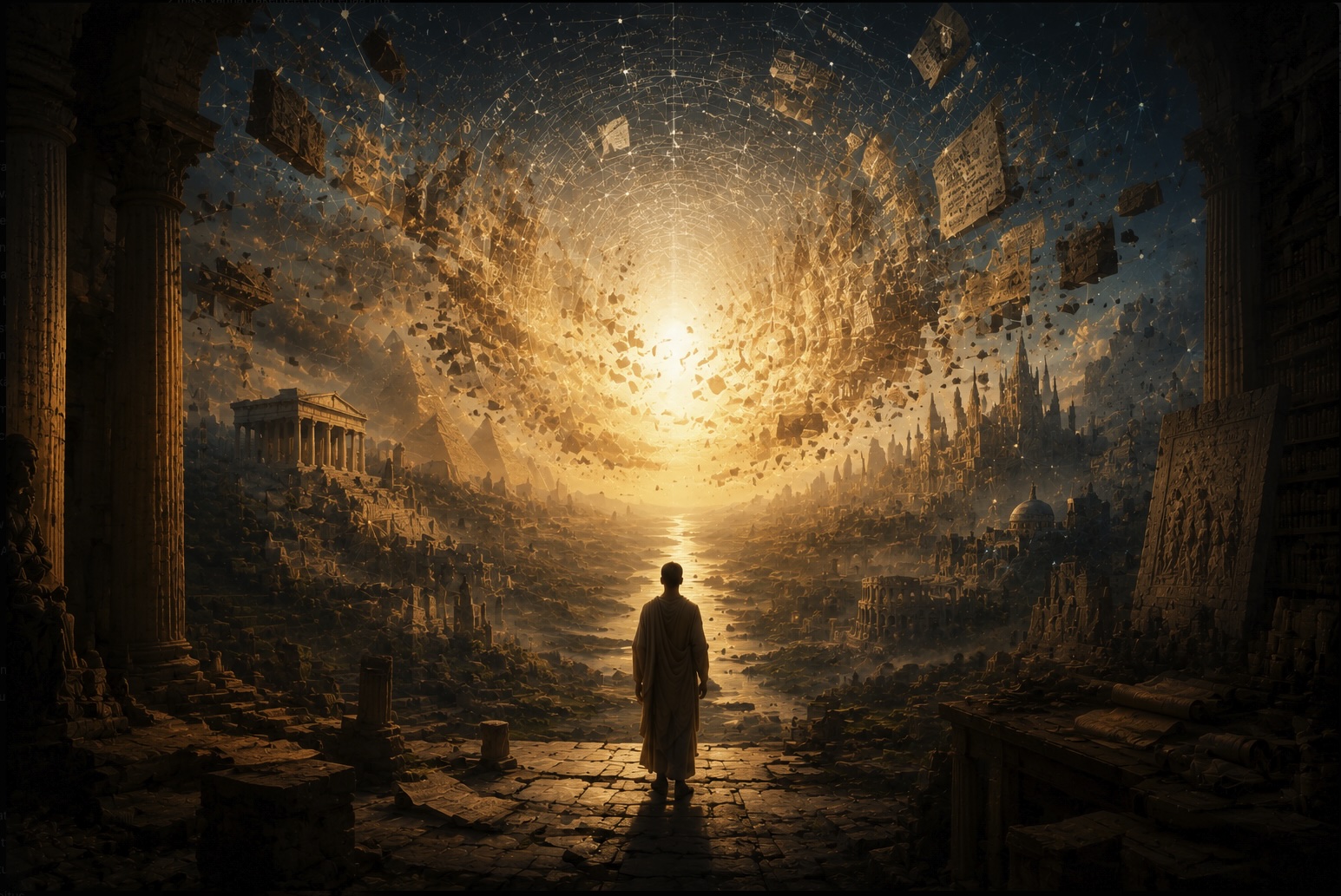 A figure before a luminous opening of pages.