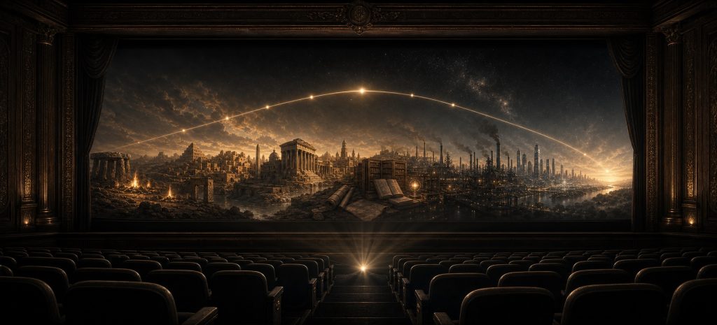 A cinematic stage opening onto the movement of history