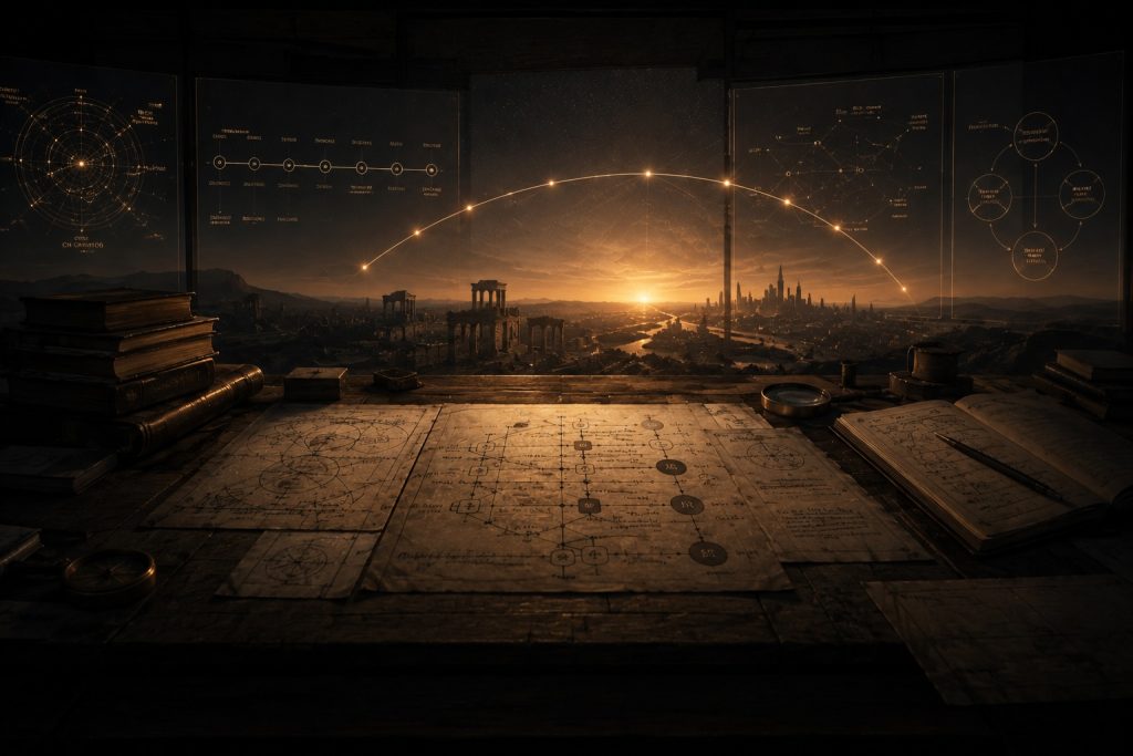 A visual model of history unfolding across a dramatic arc
