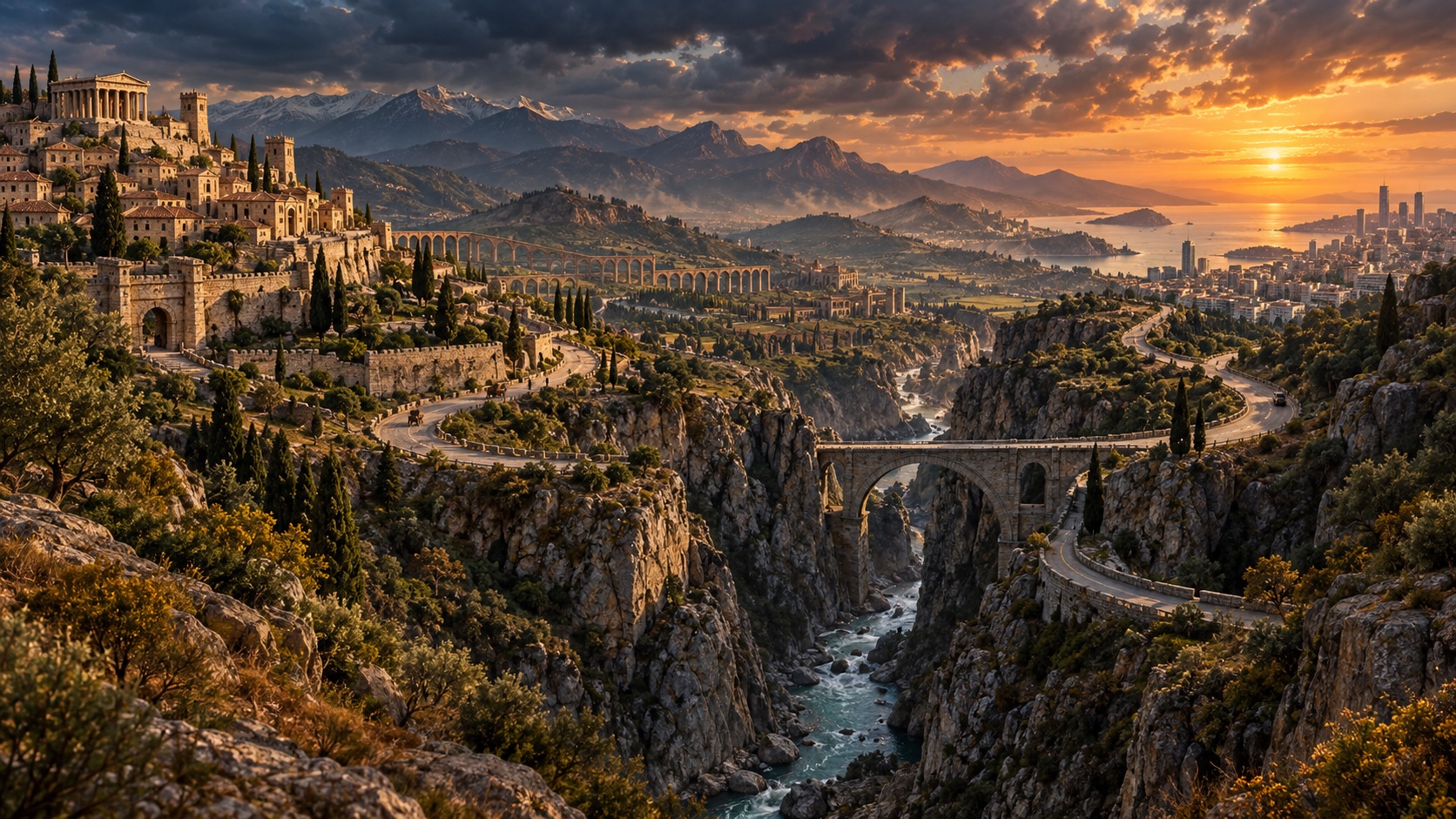 A winding road crosses a gorge, connecting ancient and modern cities across one landscape.