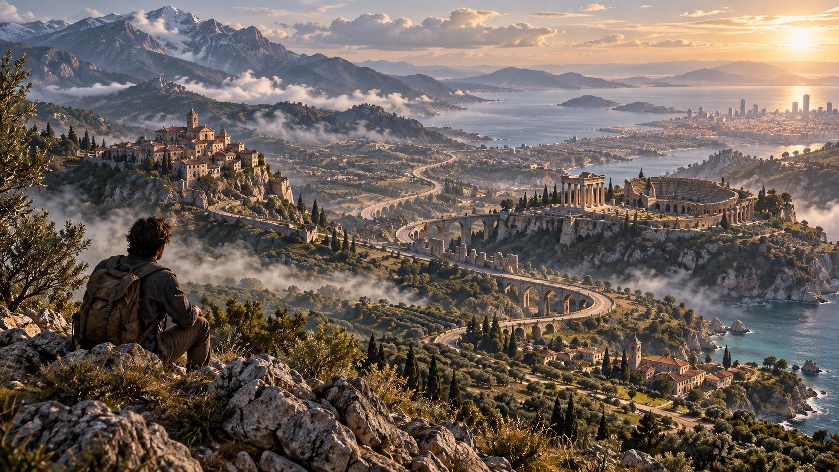 From a high overlook, a traveler sees earlier stretches of the journey as one connected landscape.