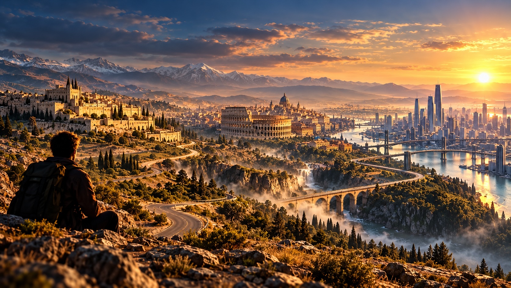 A traveler looks across an ancient city, Rome and a modern city in one continuous landscape.