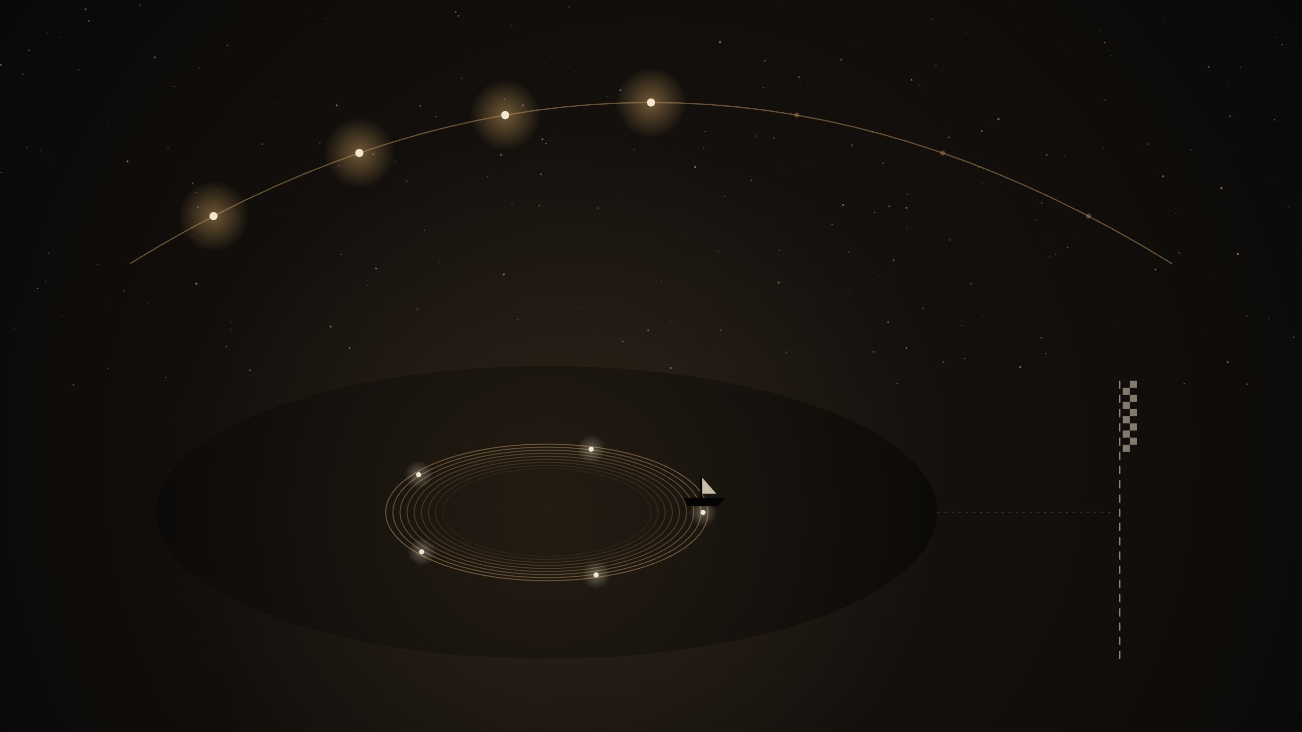 A small boat circling a lagoon of glowing targets, while the checkered finish line stands unreached on the far shore.