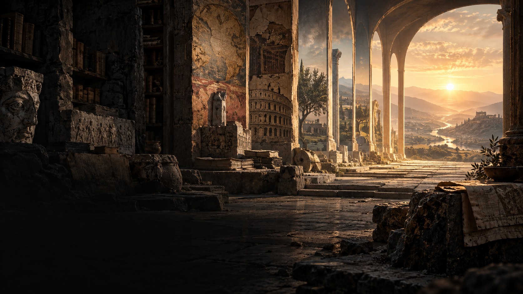 Ancient archive opening toward a historical landscape at sunrise
