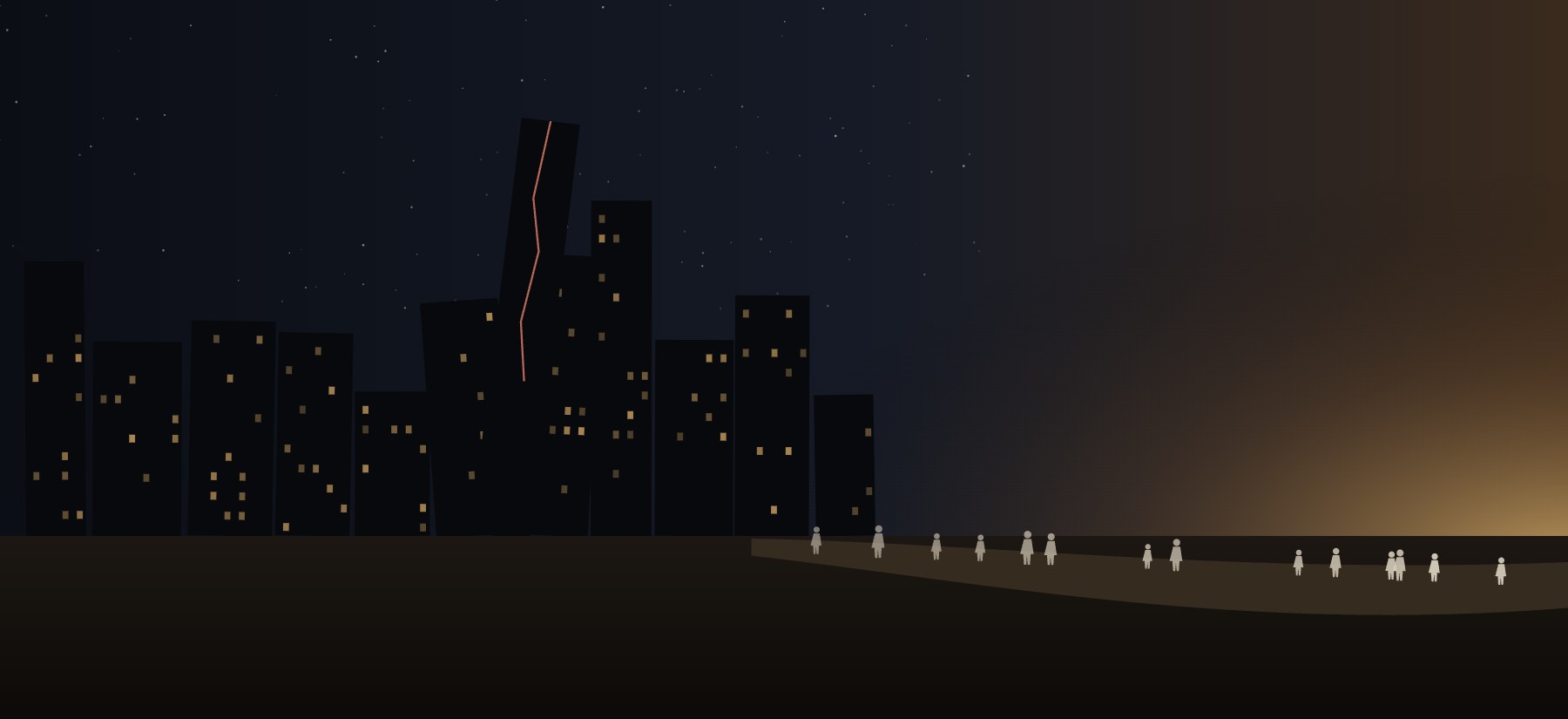 A city at night with its tallest tower cracking, and a line of people walking out along a road toward the dawn.